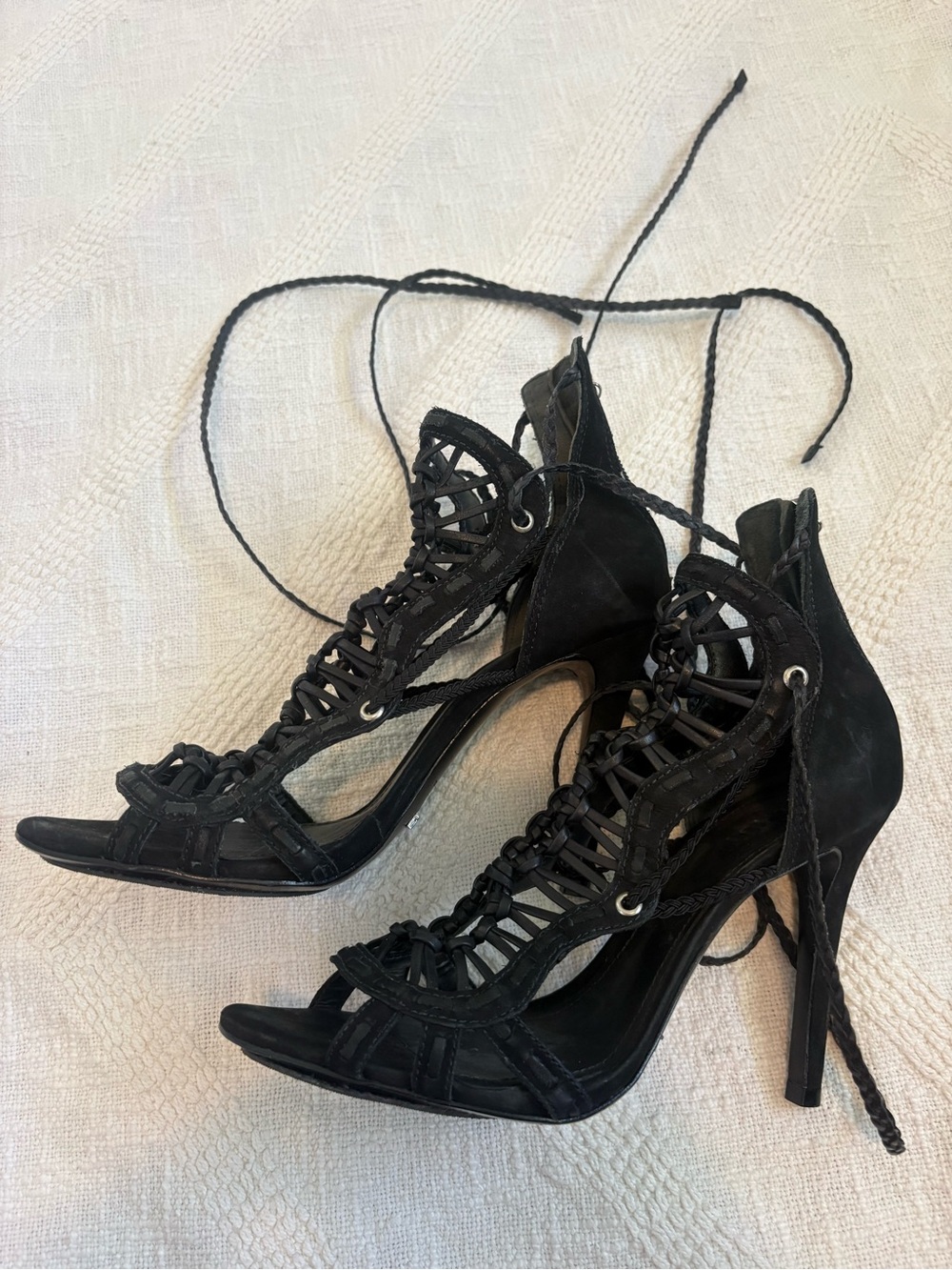 SCHUTZ Black Woven Cage Lace Up Stiletto Sandals Heels Leather Sole 7.5B